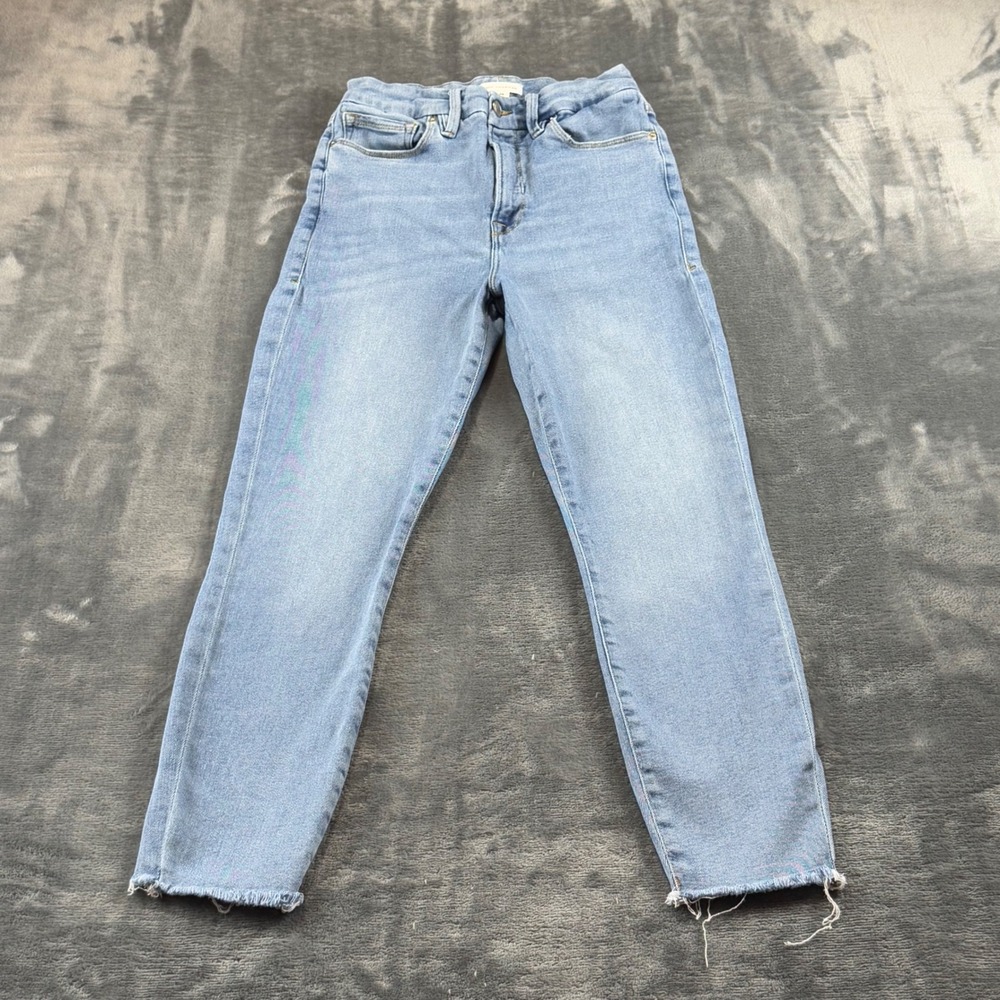 Good American High Rise Skinny Jeans Light Blue Raw Hem Size 6 28